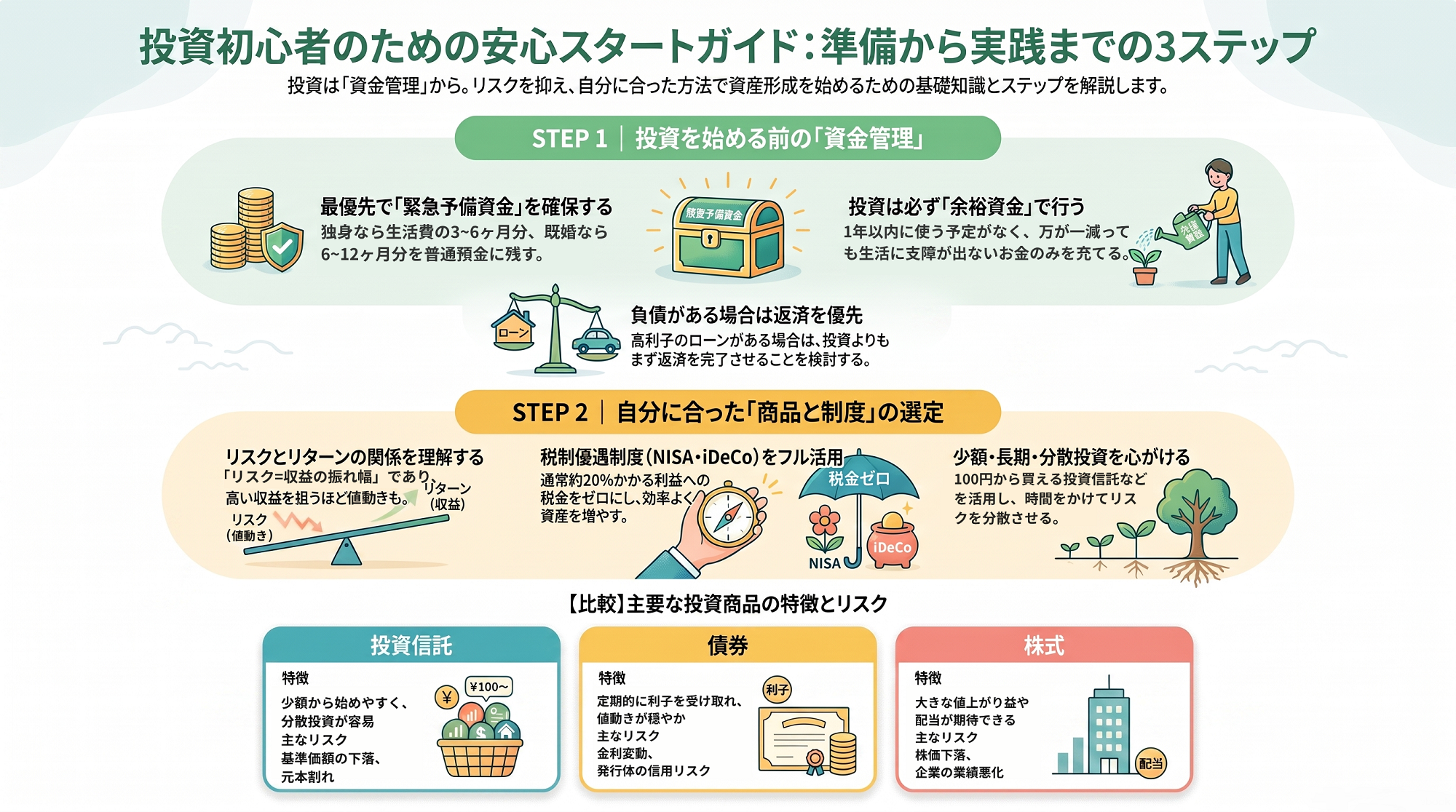 投資初心者向けの安心スタートガイド。資金管理から投資商品の選び方まで、資産形成の3ステップを解説。