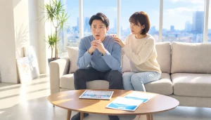 健康診断で初期がんの告知を受け、マンションのローン返済に不安を感じる主人公夫婦のマンガ